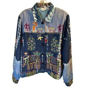 Madison Studio, Blue, Aztec Embroidery Button Top, Women's L